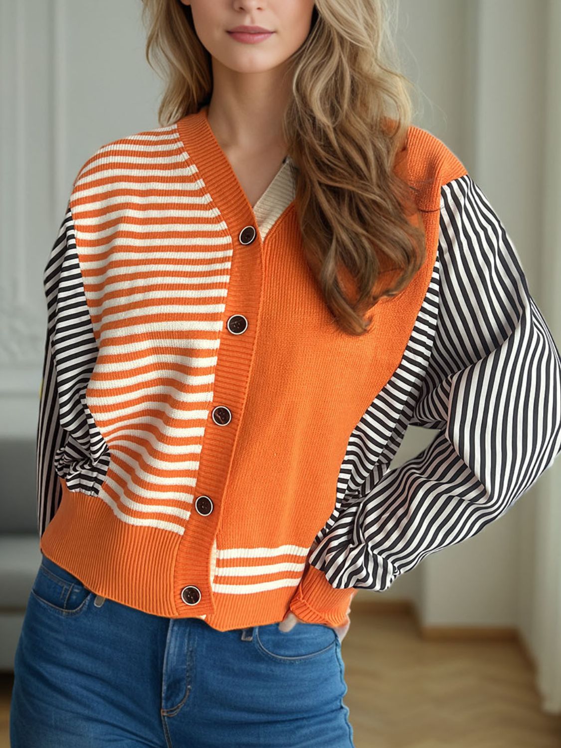 Striped Button Down Long Sleeve Cardigan - ClassiQ