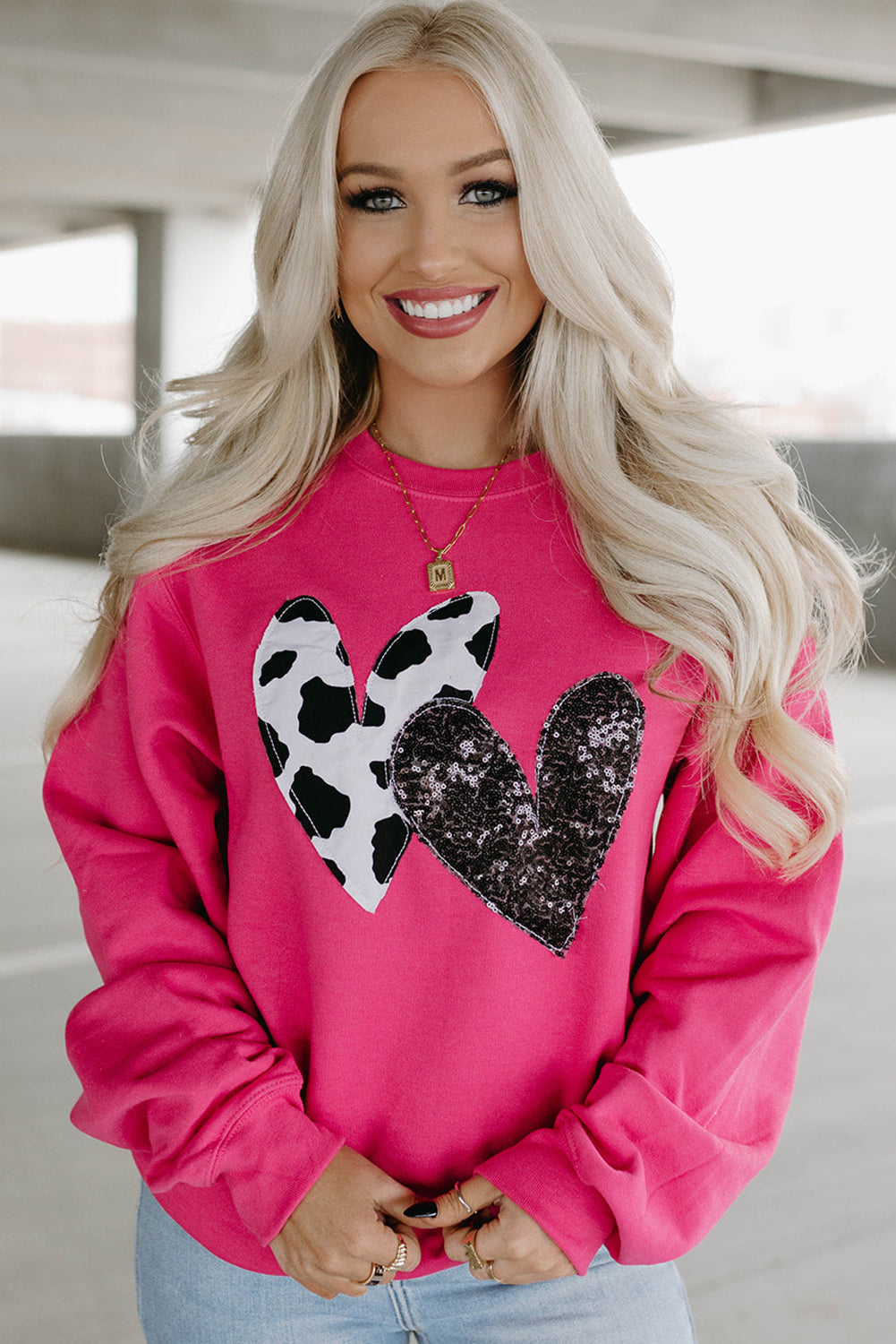 Strawberry Pink Sequins Heart Patch Graphic Sweatshirt - ClassiQ