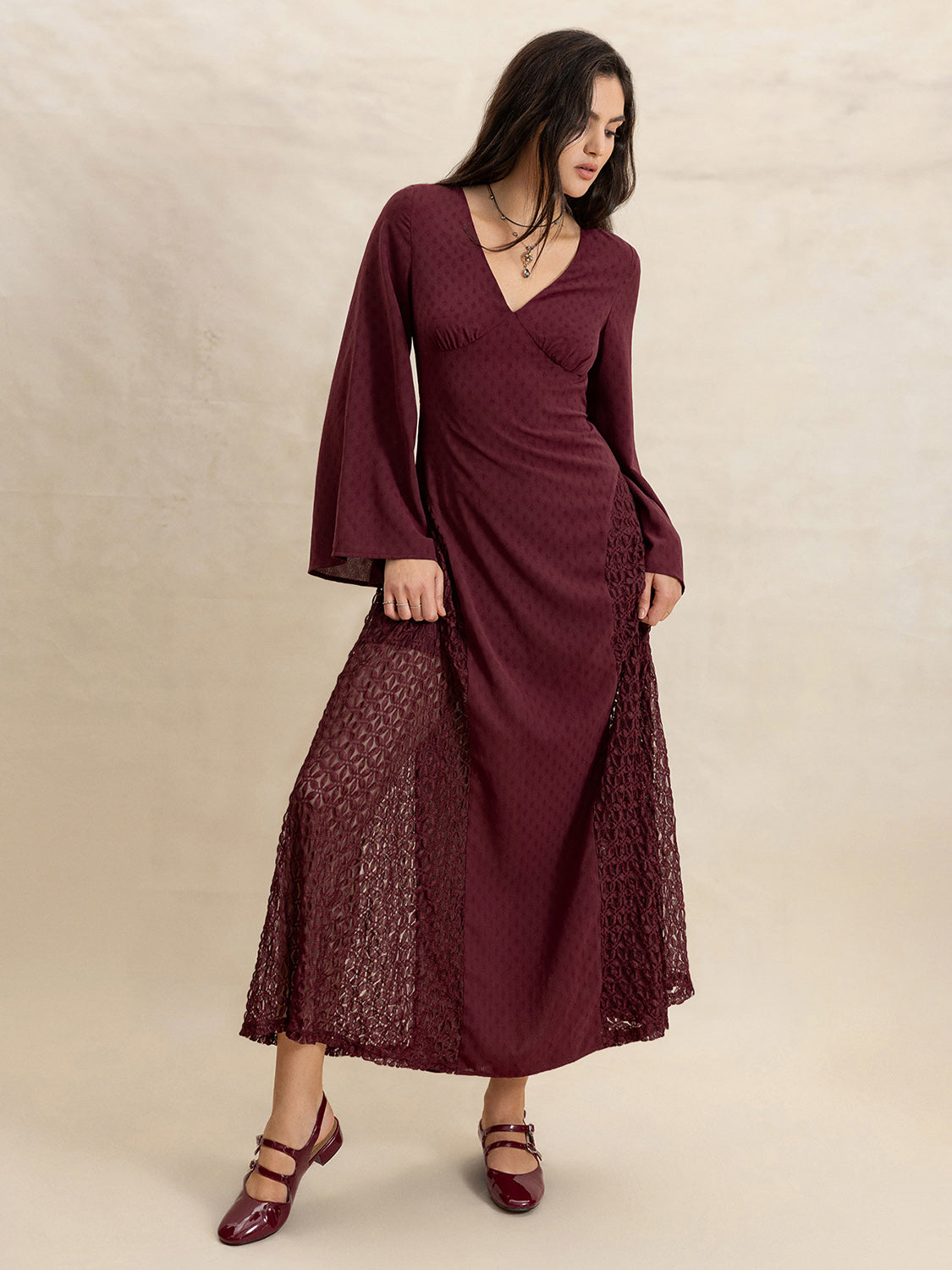 Lace Patchwork V-Neck Long Sleeve Midi Dress - Classique Collection