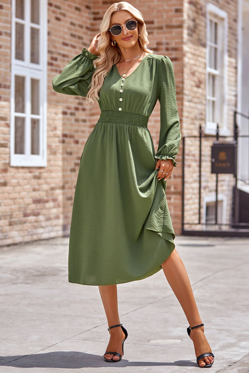 Smocked V-Neck Flounce Sleeve Midi Dress - Classique Collection