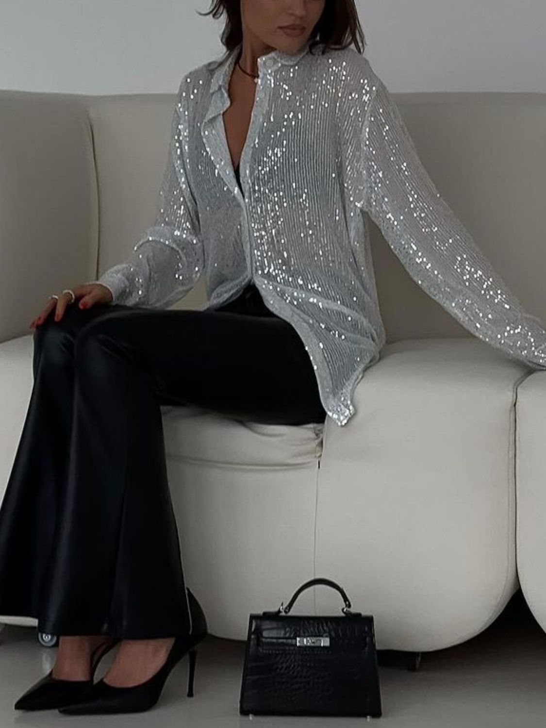 Sequin Button Up Long Sleeve Shirt - Classique Collection