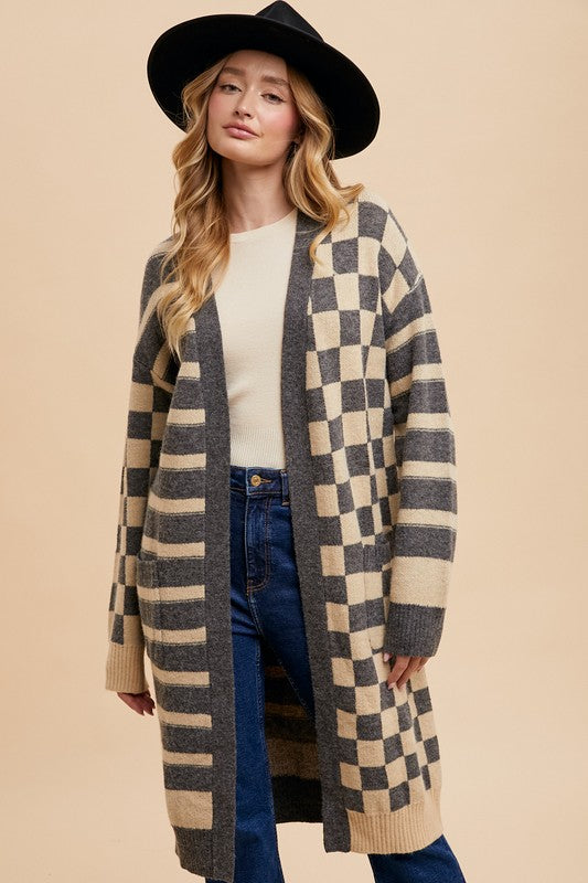Annie Wear Checkered & Striped Open Front Long Sleeve Cardigan - ClassiQ