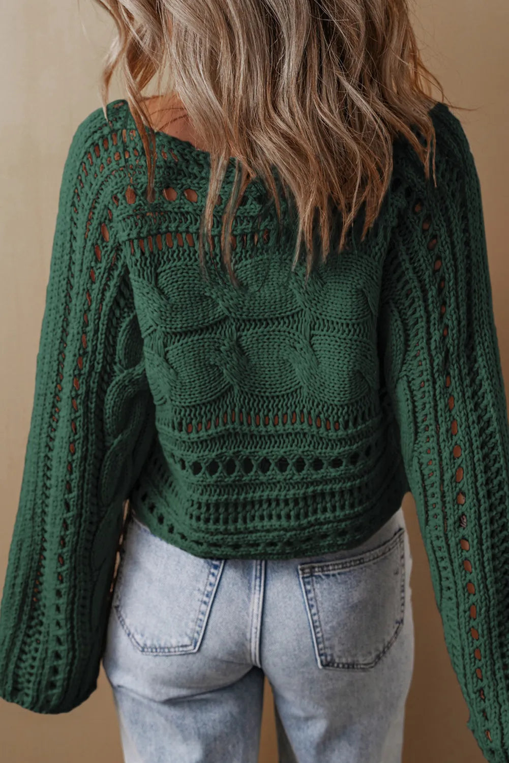 Cable-Knit Openwork Long Sleeve Sweater - ClassiQ
