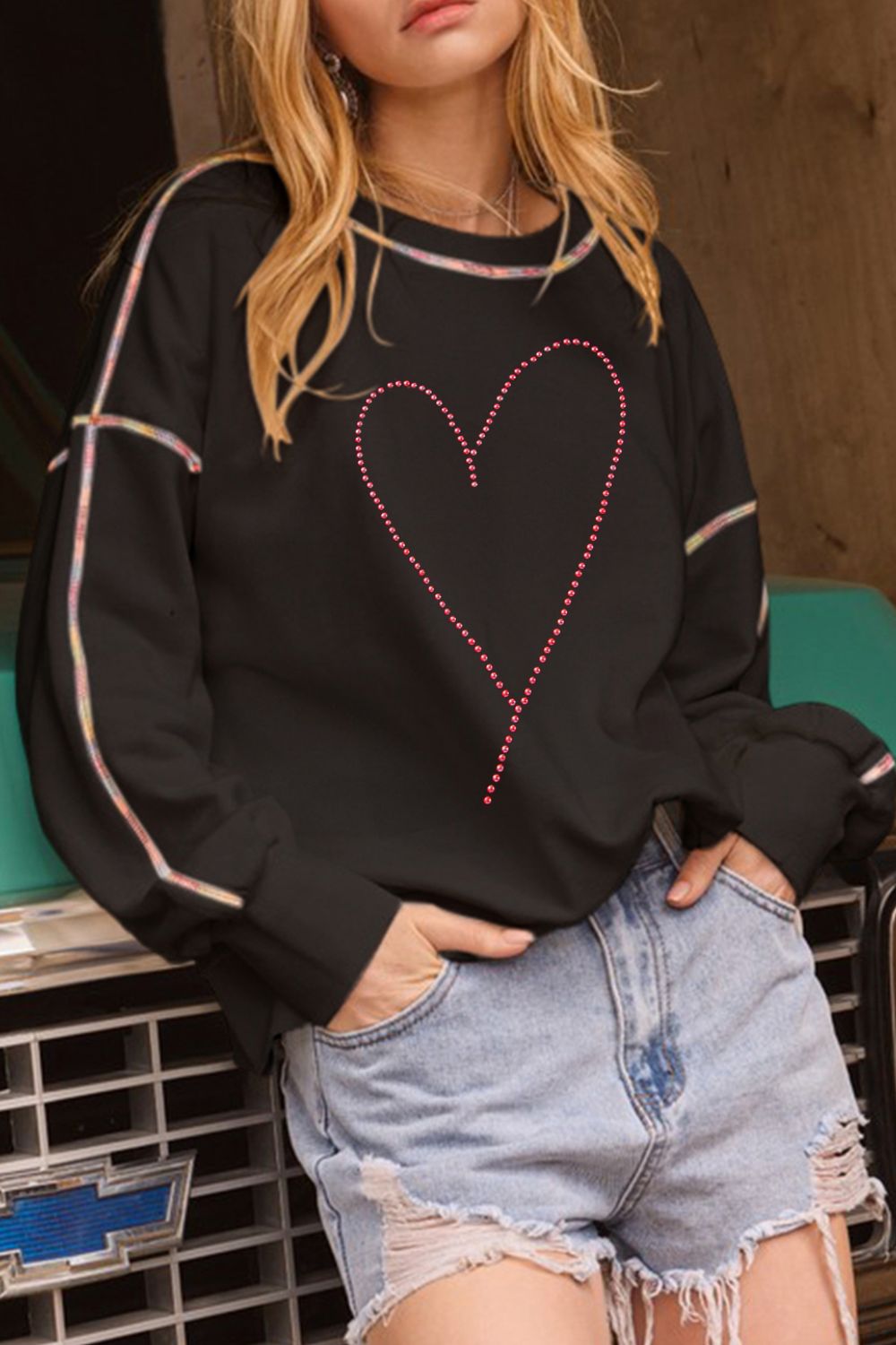 Valentine’s Day Rhinestone Heart Round Neck Long Sleeve Sweatshirt - Classique Collection