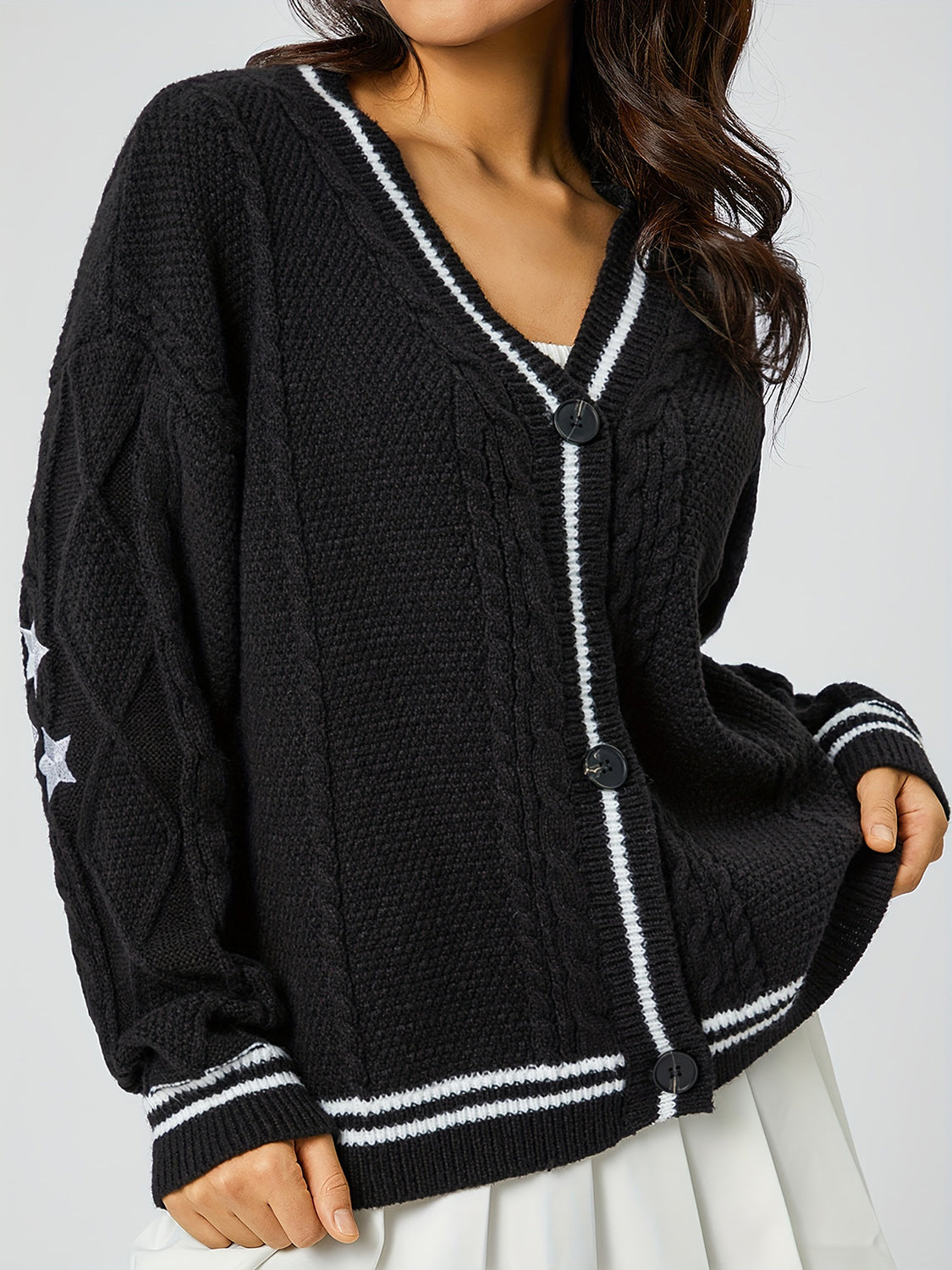 Star Embroidered V-Neck Long Sleeve Cardigan - ClassiQ