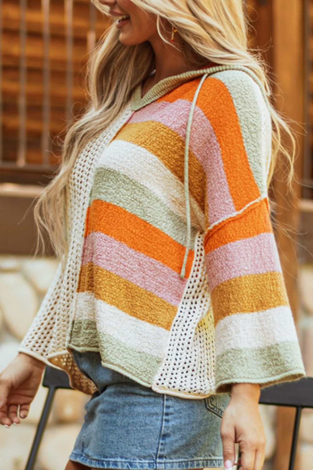 Openwork Color Block Hooded Sweater - Classique Collection