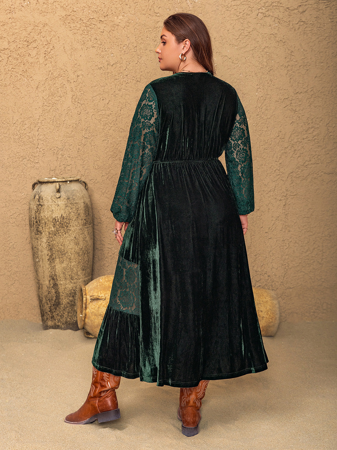 Plus Size Lace Patchwork V-Neck Balloon Sleeve Midi Dress - Classique Collection