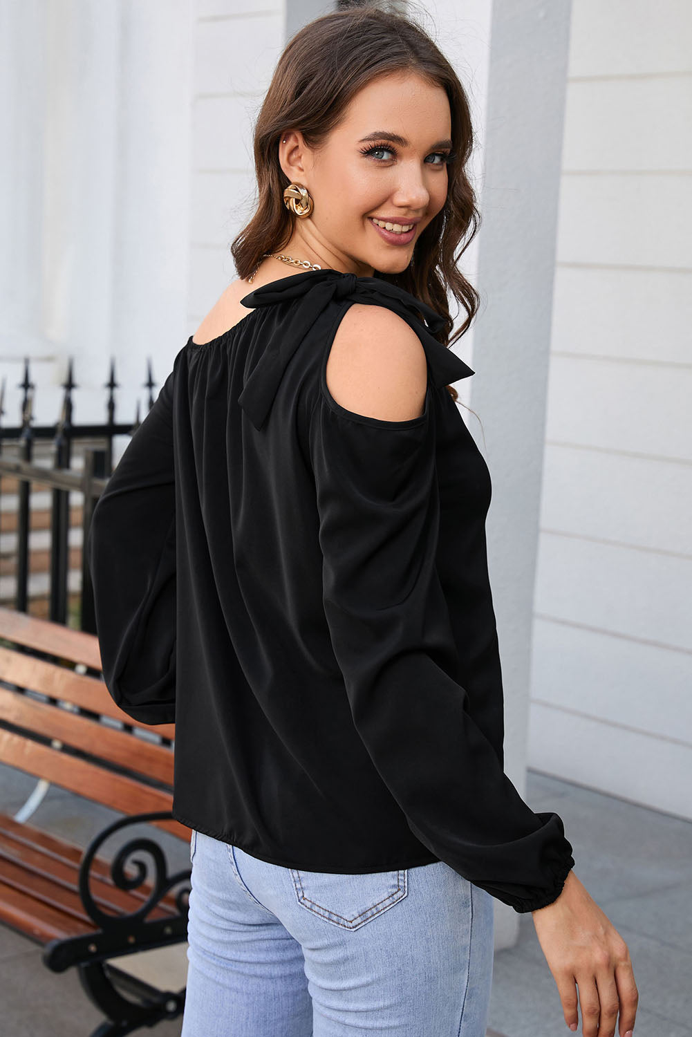 Tied Asymmetrical Neck Cold-Shoulder Blouse - Classique Collection