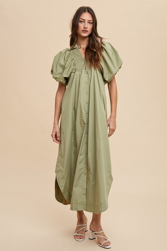 Annie Wear Smocked Puff Sleeve Midi Dress - ClassiQ