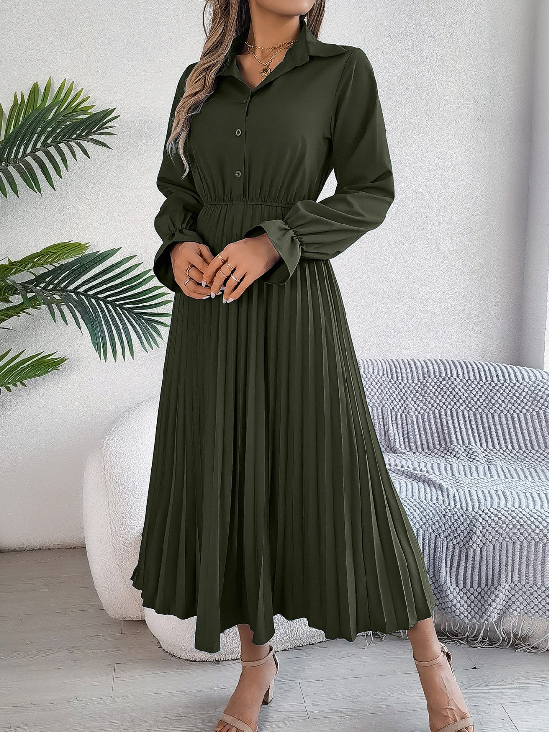 Pleated Half Button Long Sleeve Midi Dress - Classique Collection