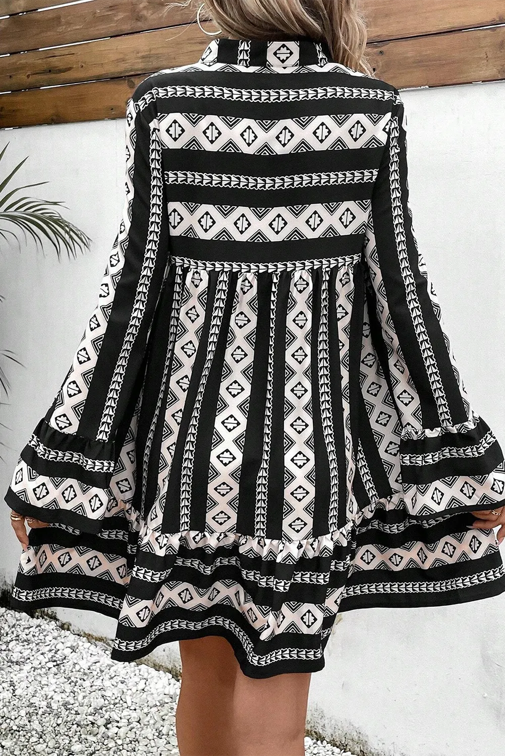 Ruffle Hem Geometric Notched Flare Sleeve Dress - Classique Collection