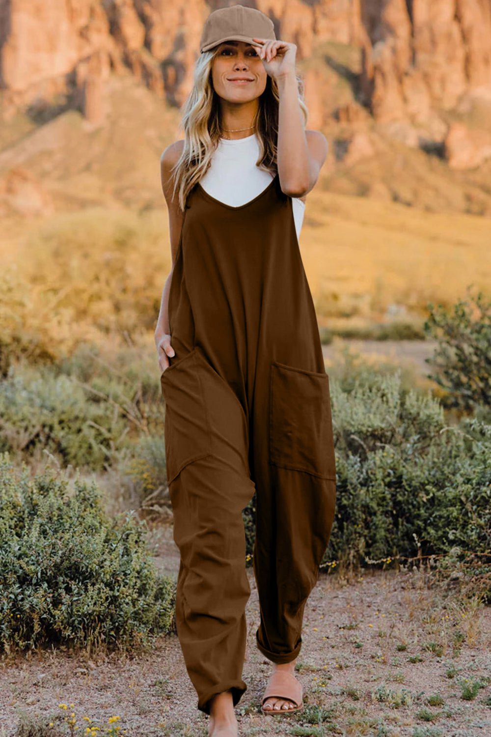 Double Take Full Size V-Neck Sleeveless Jumpsuit with Pockets - ClassiQ
