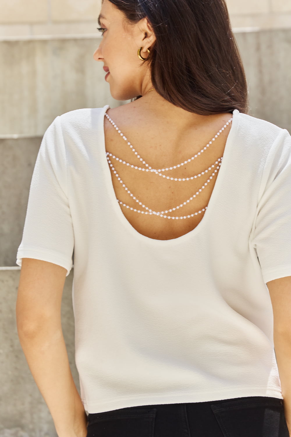 And The Why Pearly White Full Size Criss Cross Pearl Detail Open Back T-Shirt - Classique Collection