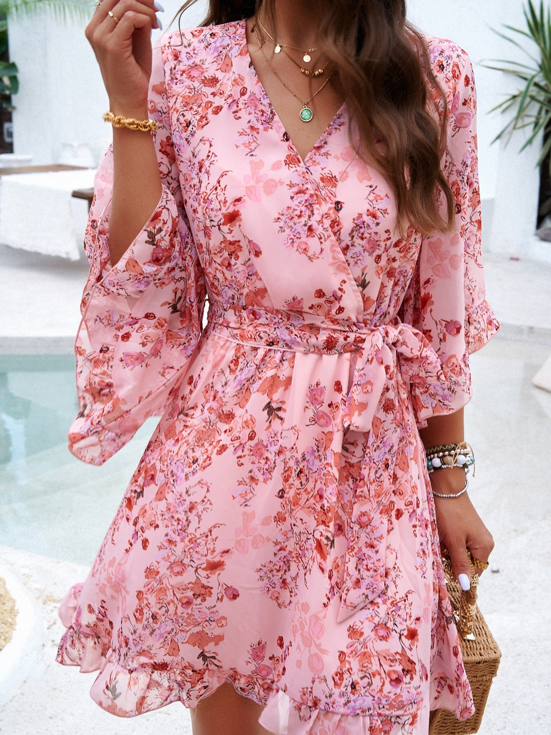 Devine Ruffled Printed Surplice Half Sleeve Mini Dress - Classique Collection