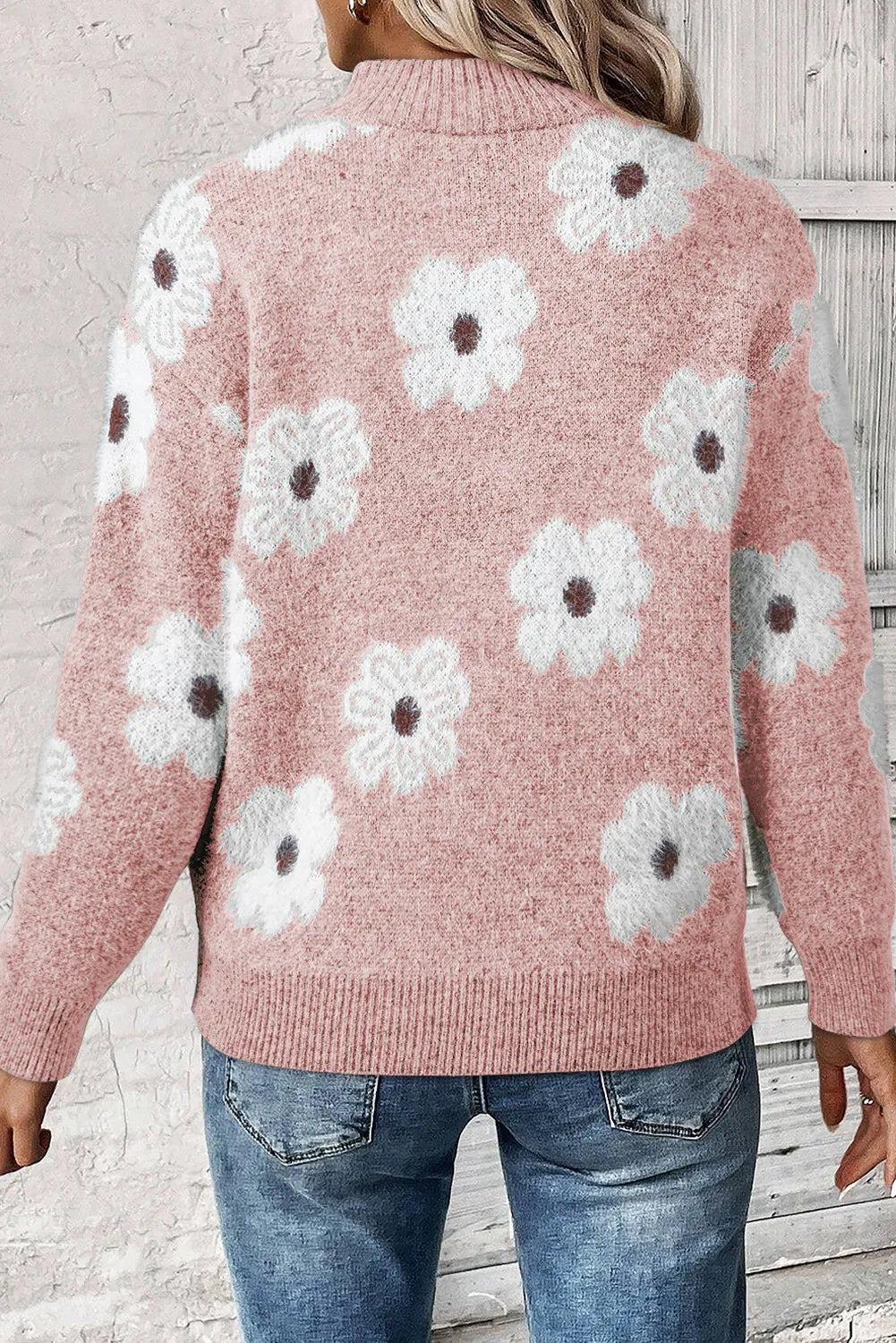Flower Half Zip Long Sleeve Sweater - ClassiQ