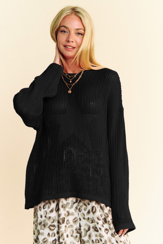 Davi & Dani Star Front Crochet Drop Shoulder Knit Top - Classique Collection