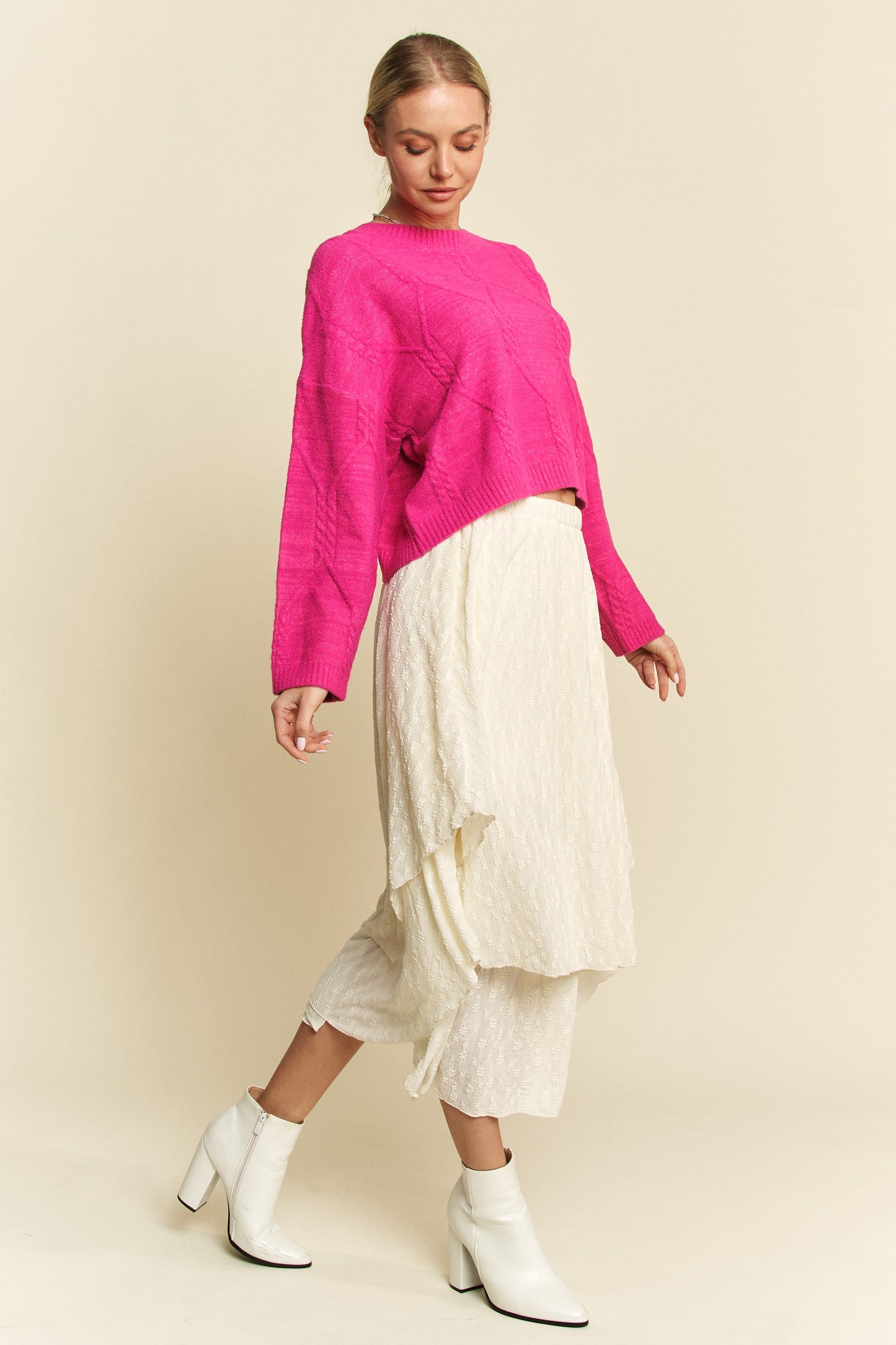 Davi & Dani Diamond Cable Pattern Drop Shoulder Sweater - Classique Collection