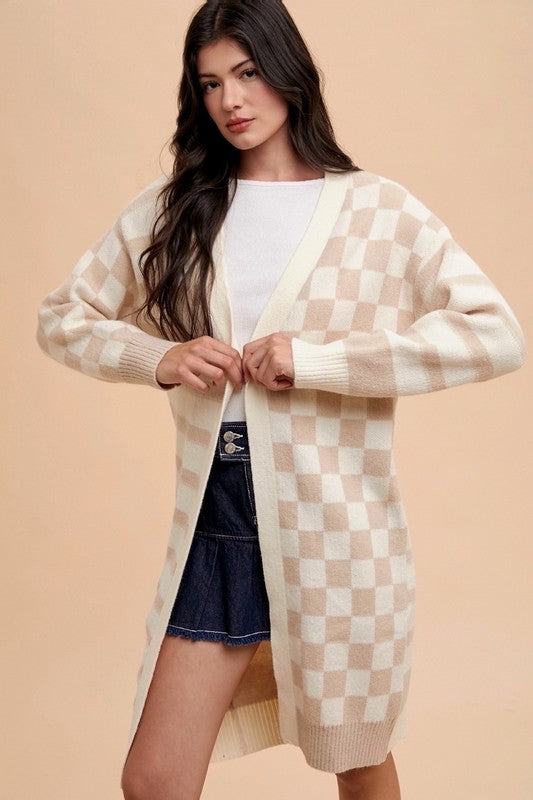 Annie Wear Checkered & Striped Open Front Long Sleeve Cardigan - ClassiQ
