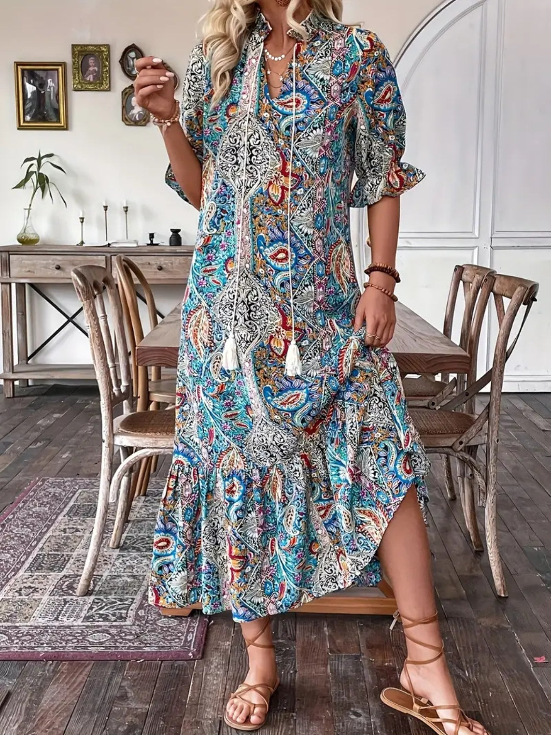 Printed Tie Neck Flounce Sleeve Midi Dress - Classique Collection
