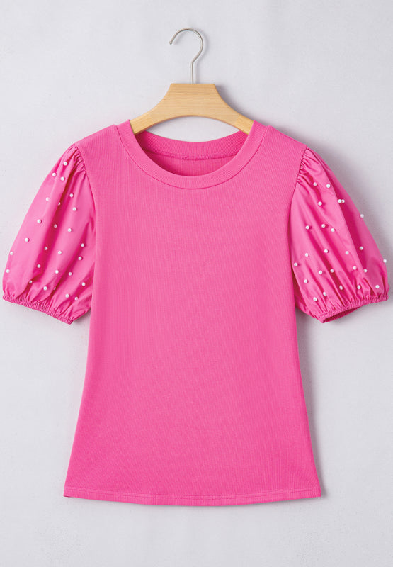 Pearl Detail Round Neck Puff Sleeve Blouse - Classique Collection