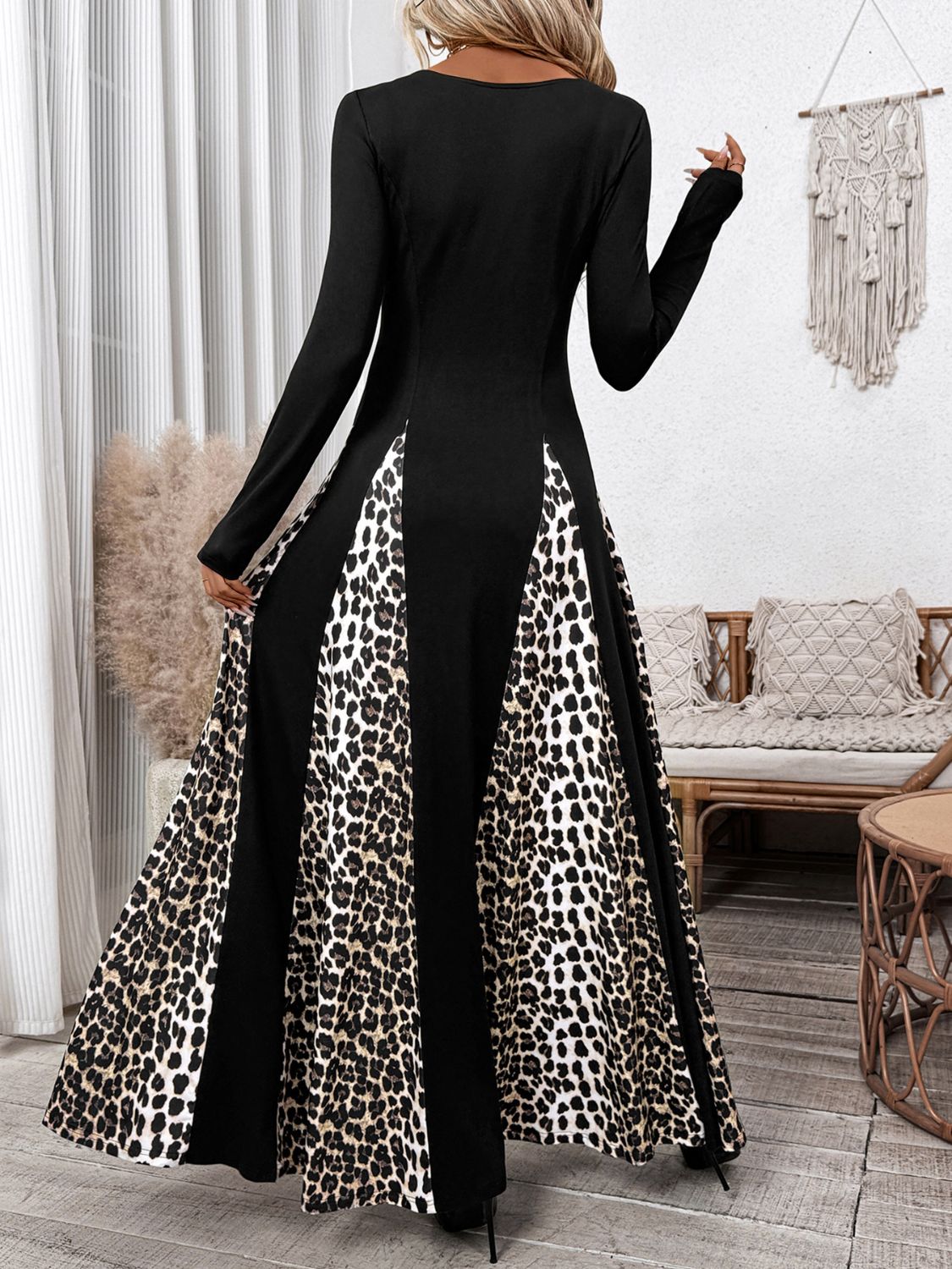 Perfee Leopard Square Neck Long Sleeve Maxi Dress - Classique Collection