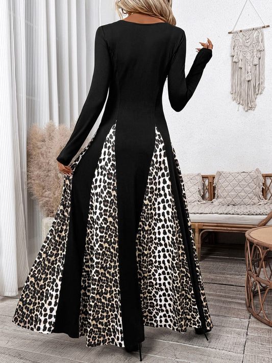 Perfee Leopard Square Neck Long Sleeve Maxi Dress - Classique Collection
