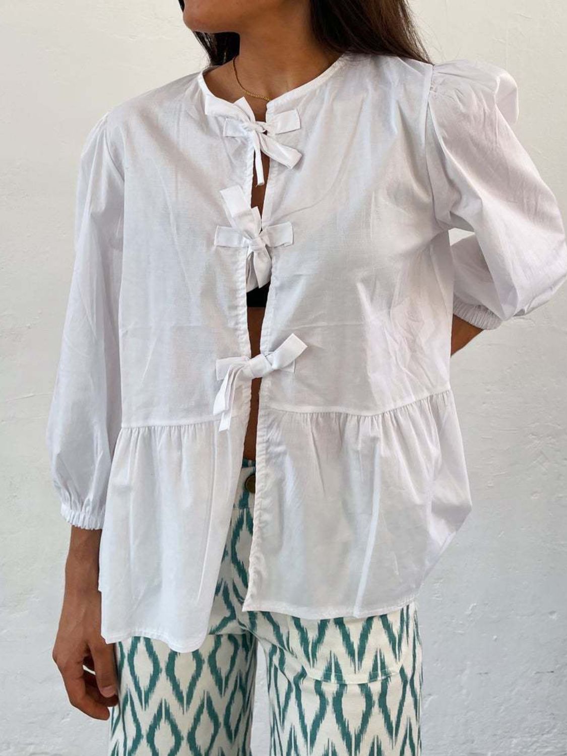 Tied Round Neck Balloon Sleeve Shirt - Classique Collection