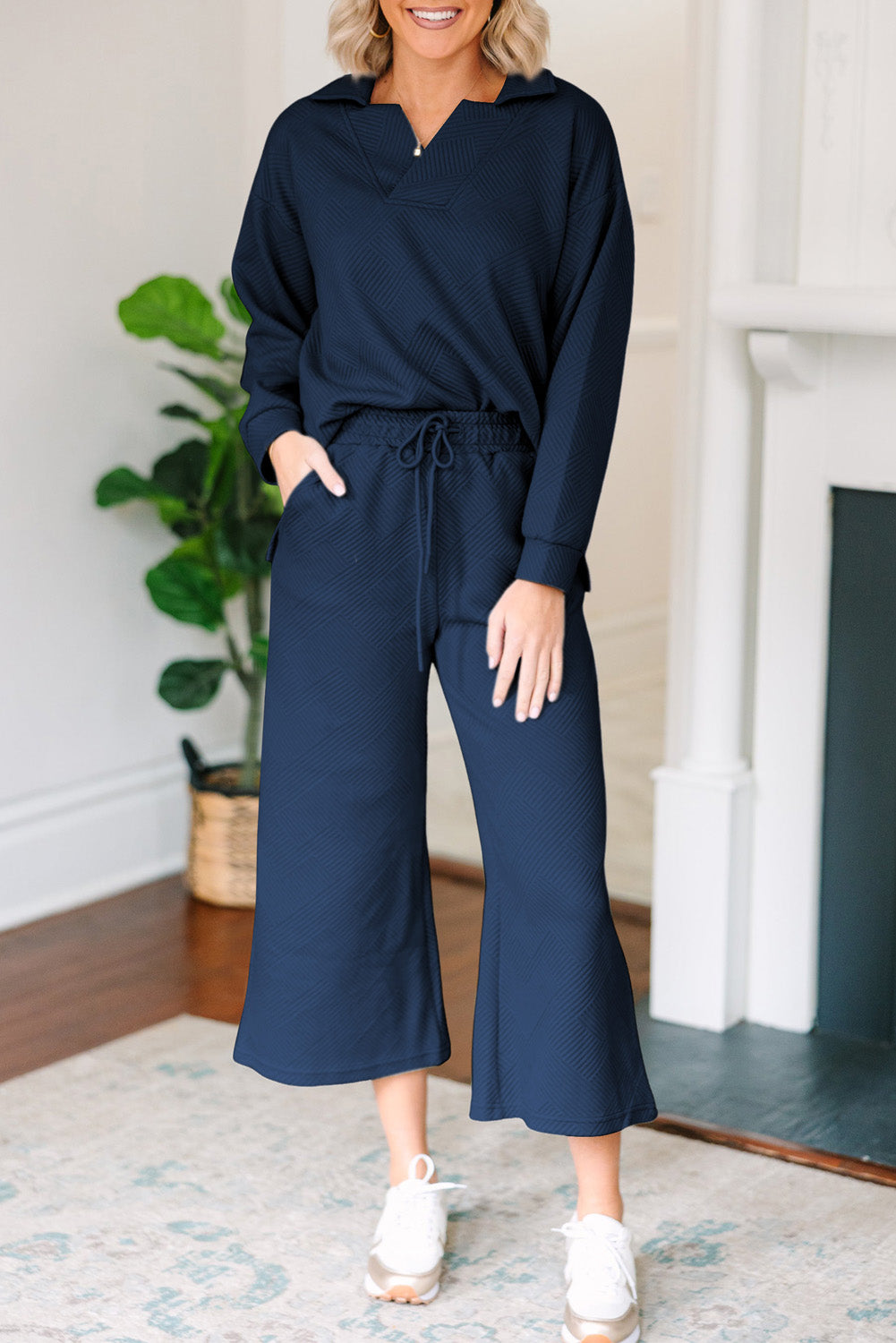 Textured Collared Neck Top and Wide Leg Pants Set - ClassiQ