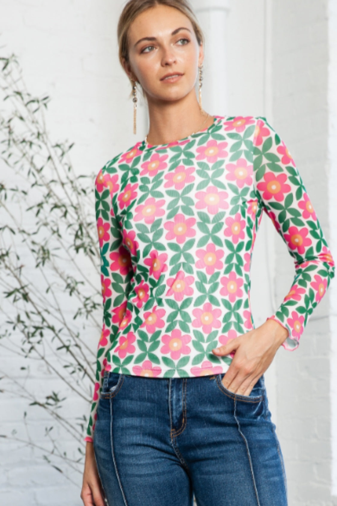 Floral Round Neck Long Sleeve Top - Classique Collection