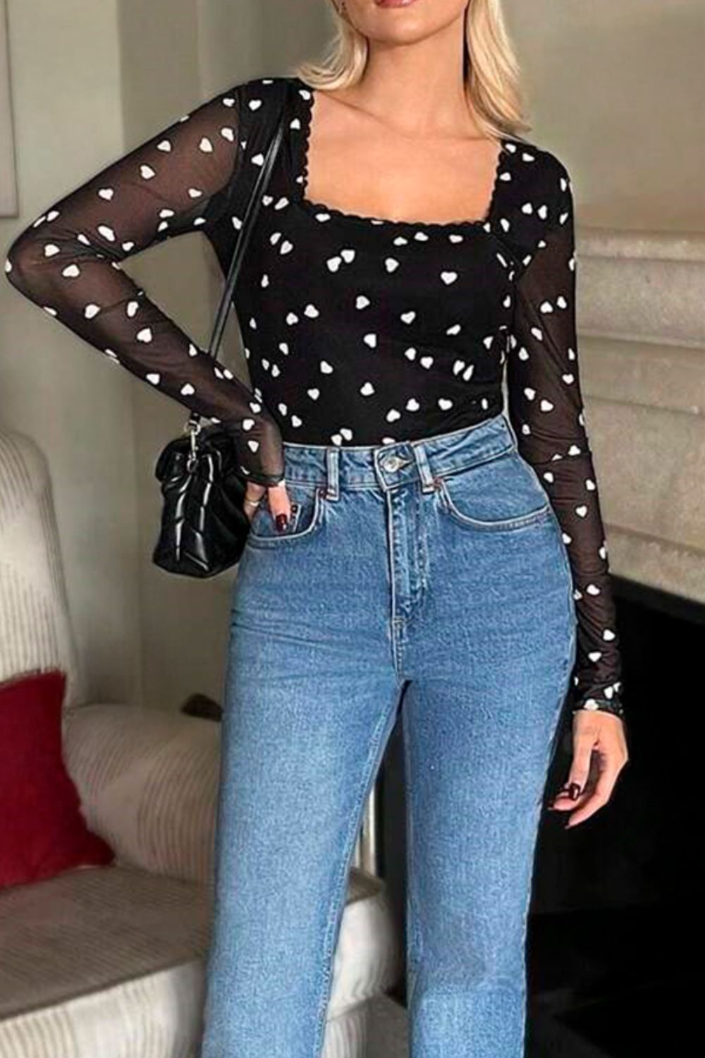 Heart Square Neck Long Sleeve Bodysuit - Classique Collection