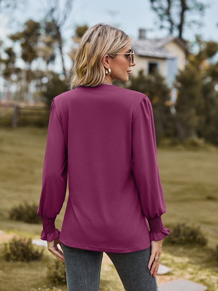 Notched Neck Flounce Sleeve Blouse - Classique Collection
