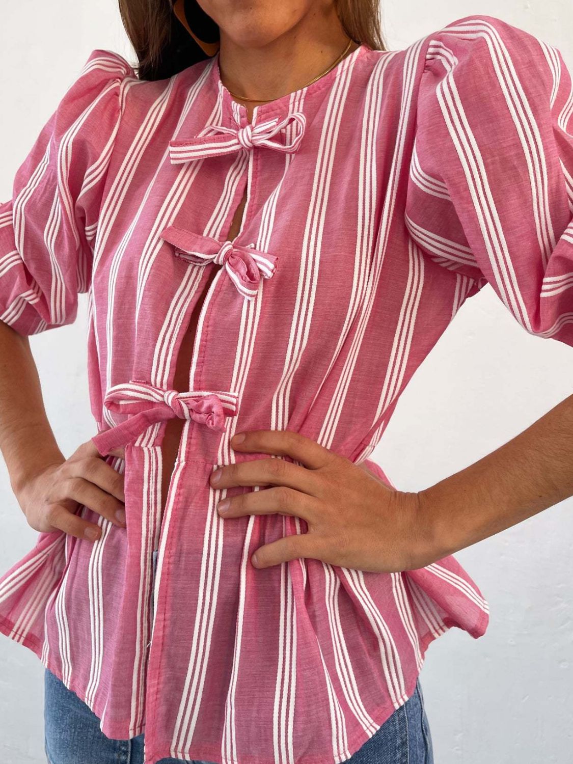 Tied Round Neck Balloon Sleeve Shirt - Classique Collection