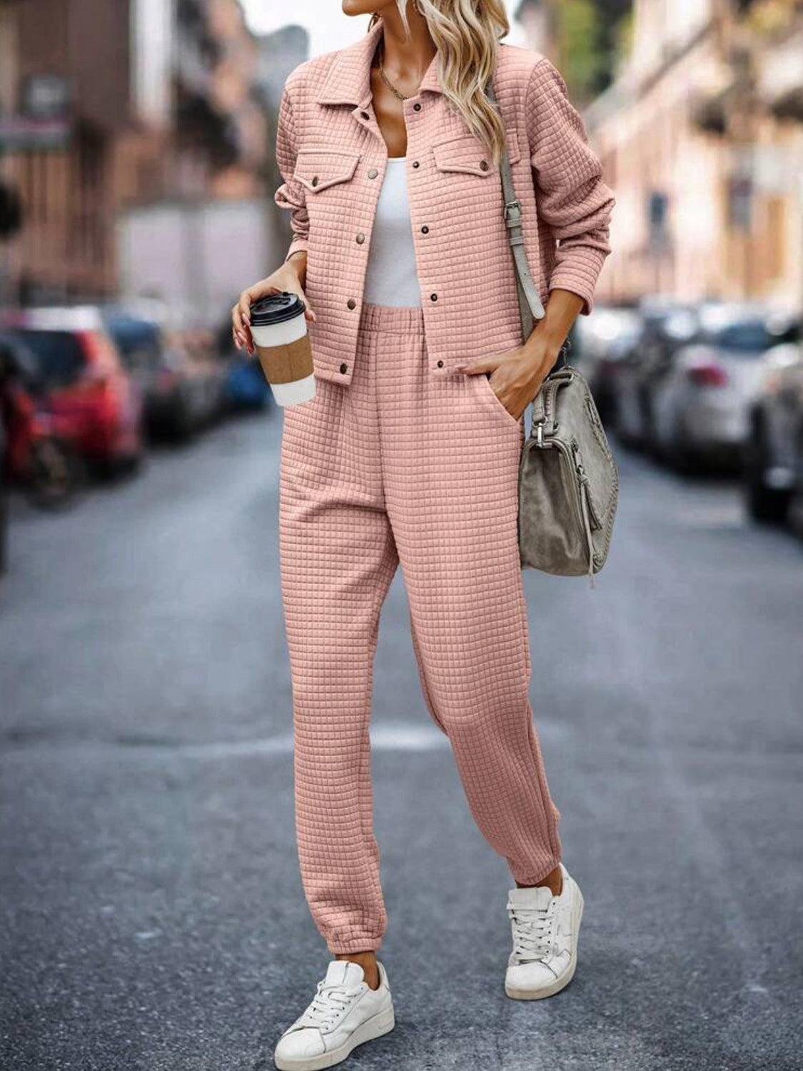 Plaid Texture Snap Down Top and Pants Set - ClassiQ