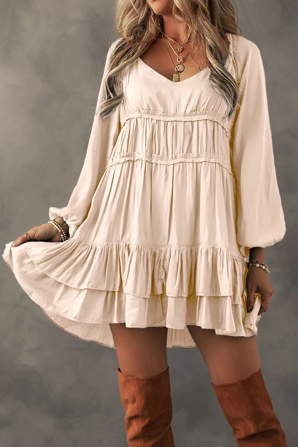 Frill Ruffled V-Neck Long Sleeve Mini Dress - Classique Collection