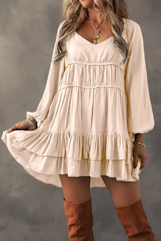Frill Ruffled V-Neck Long Sleeve Mini Dress - Classique Collection