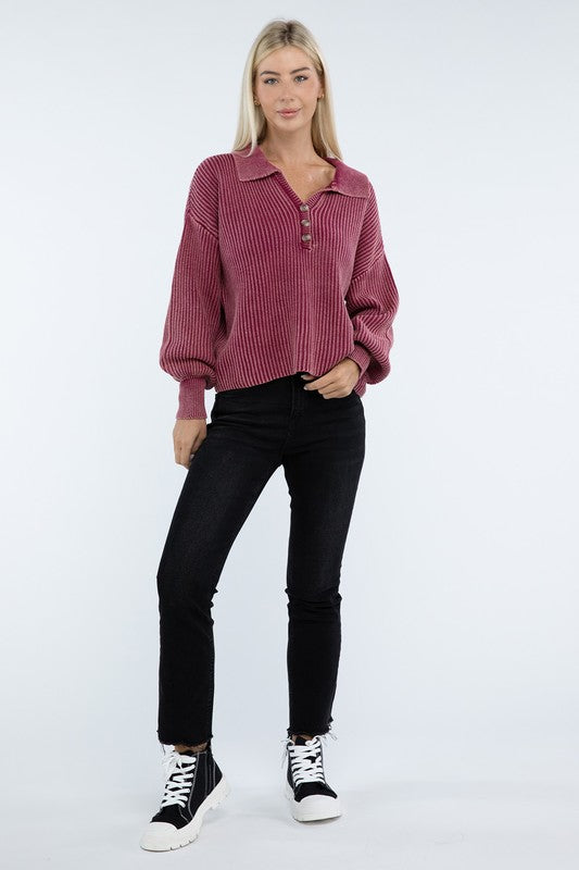 Washed Collared Henley Sweater - Classique Collection
