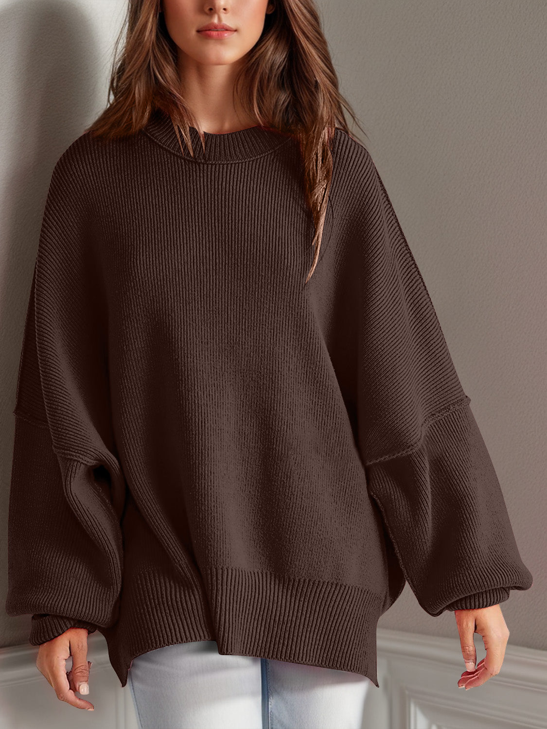 Double Take Side Slit Round Neck Long Sleeve Sweater - ClassiQ