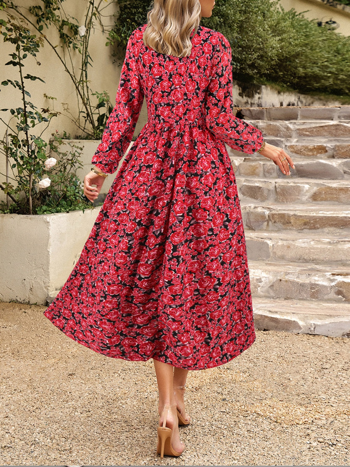 Floral V-Neck Long Sleeve Midi Dress - Classique Collection