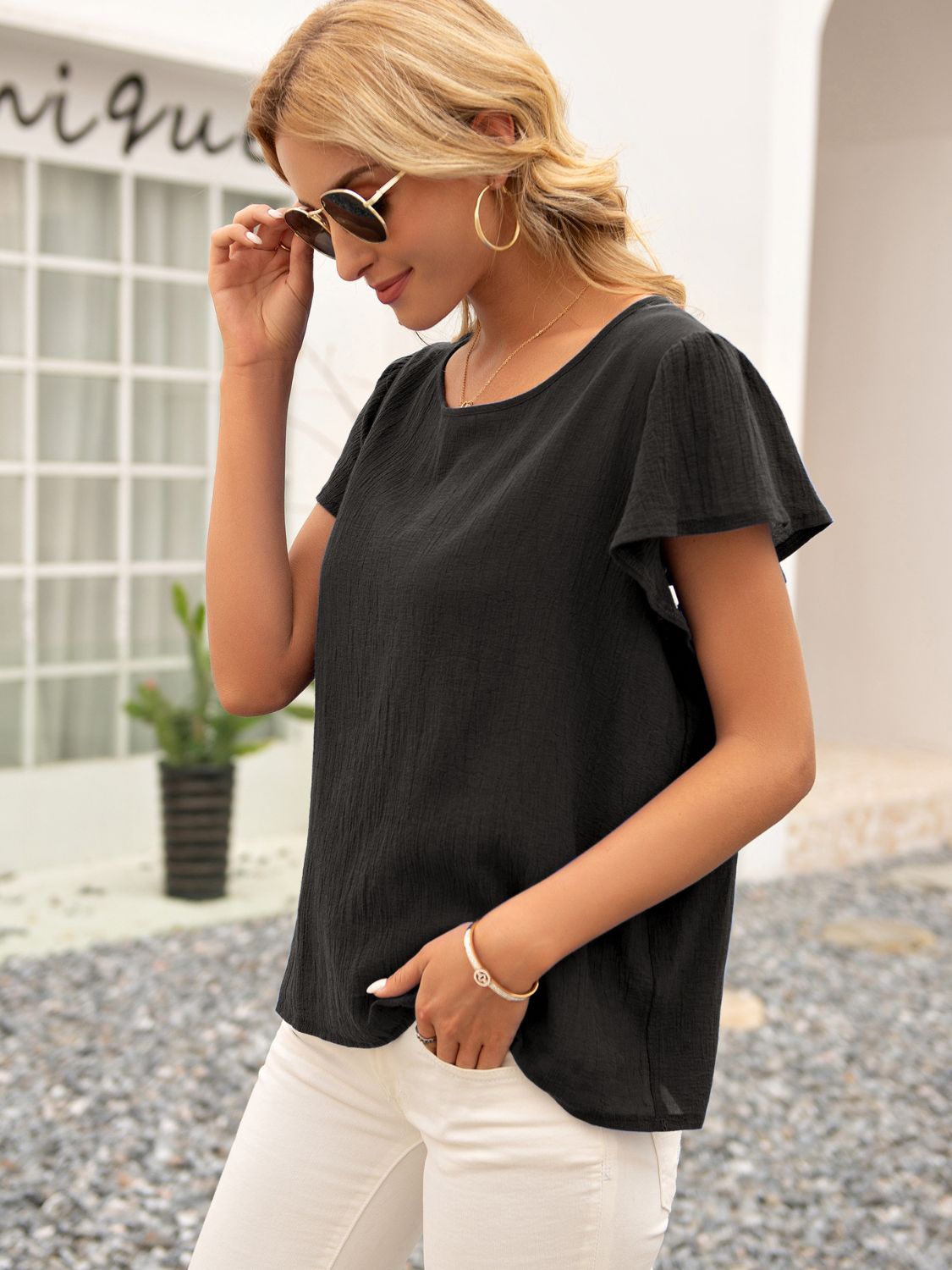 Ivy Lane Round Neck Cutout Tie Back Top - Classique Collection