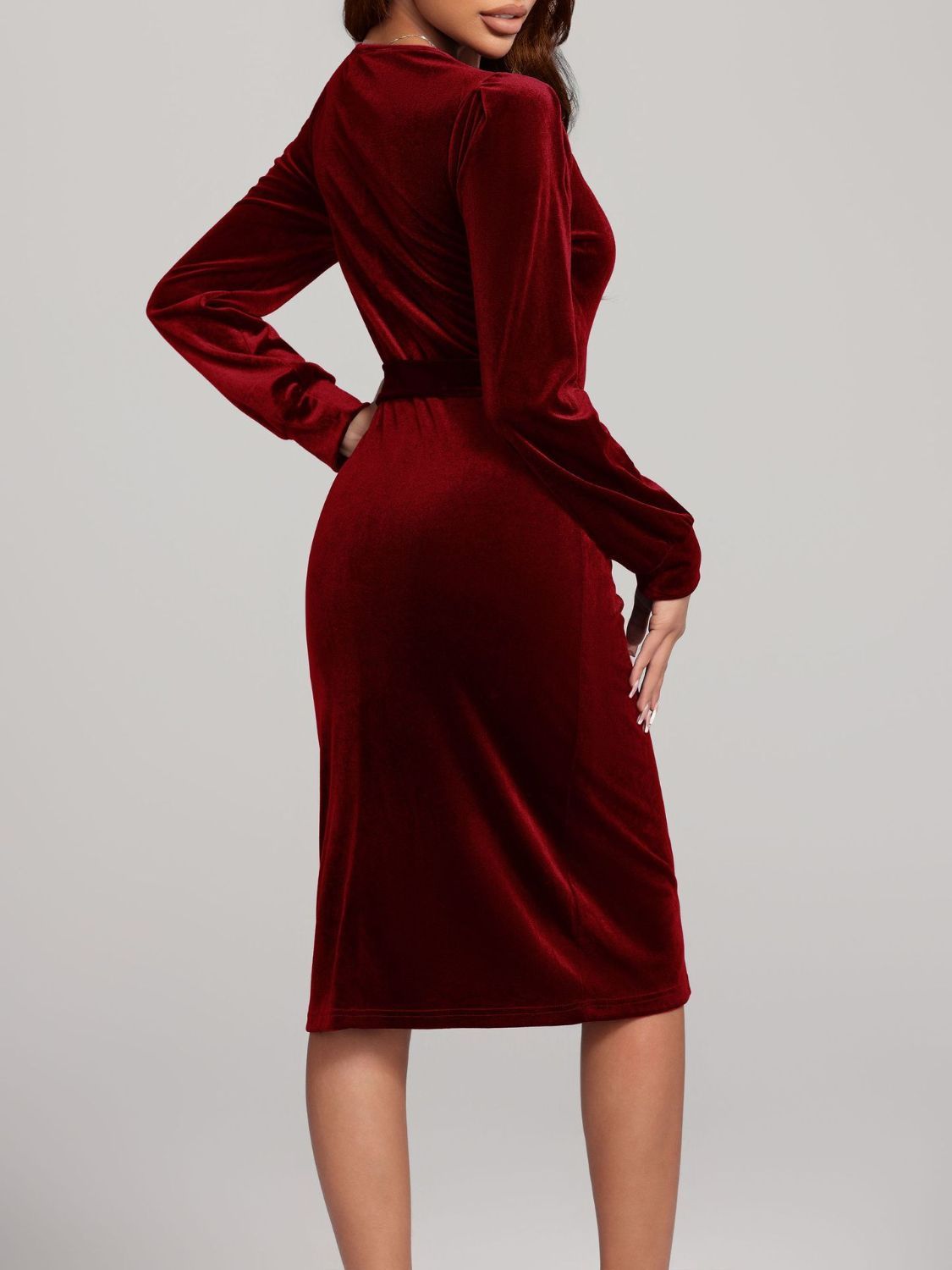 Round Neck Tie Waist Long Sleeve Velvet Dress - Classique Collection