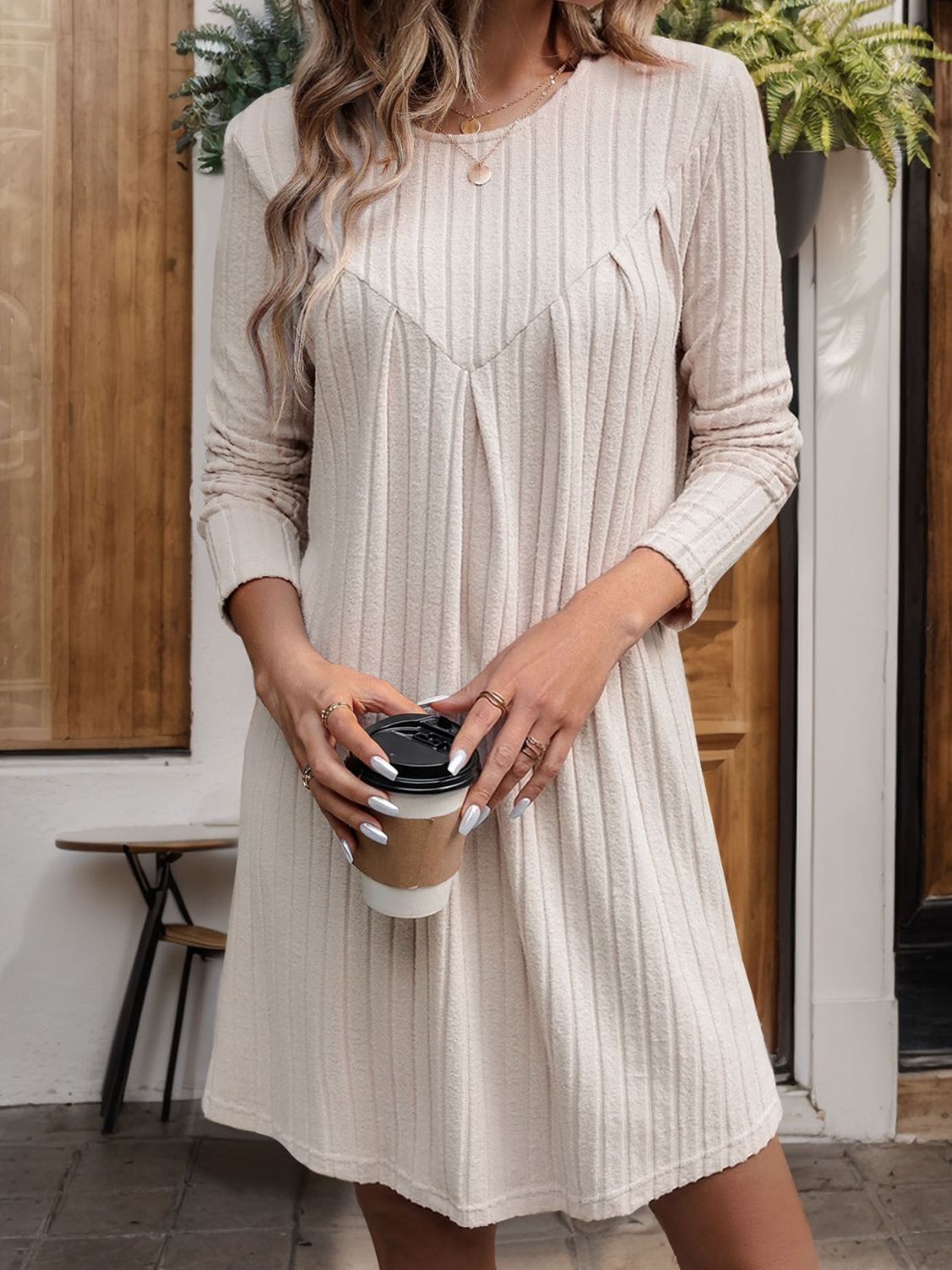 Perfee Round Neck Long Sleeve Mini Dress - Classique Collection
