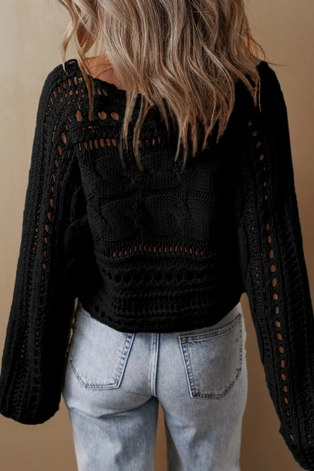 Cable-Knit Openwork Long Sleeve Sweater - ClassiQ