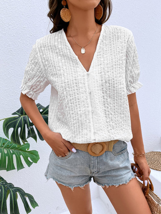 Honey Buttoned V-Neck Flounce Sleeve Top - Classique Collection
