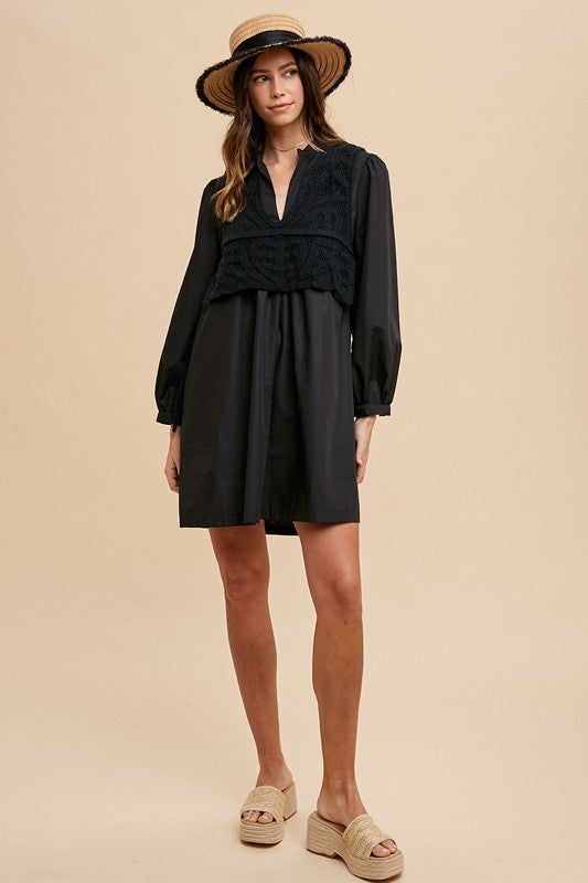 Annie Wear Crochet Vest Notched Long Sleeve Shirt Dress - ClassiQ