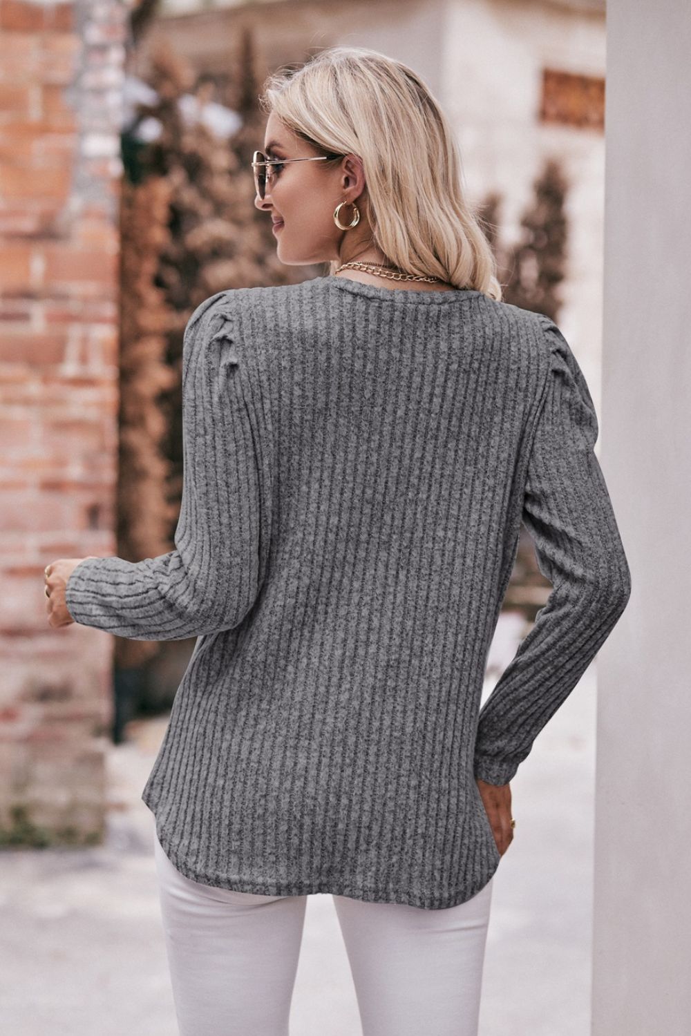 Mandy Round Neck Puff Sleeve Ribbed Top - Classique Collection