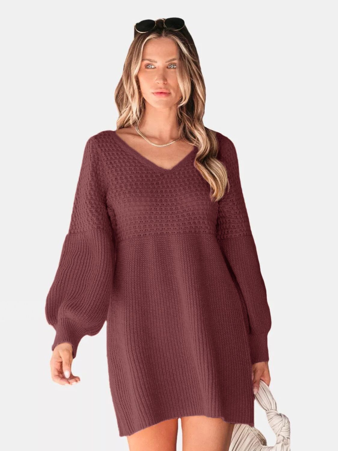 Perfee V-Neck Long Sleeve Sweater Dress - Classique Collection