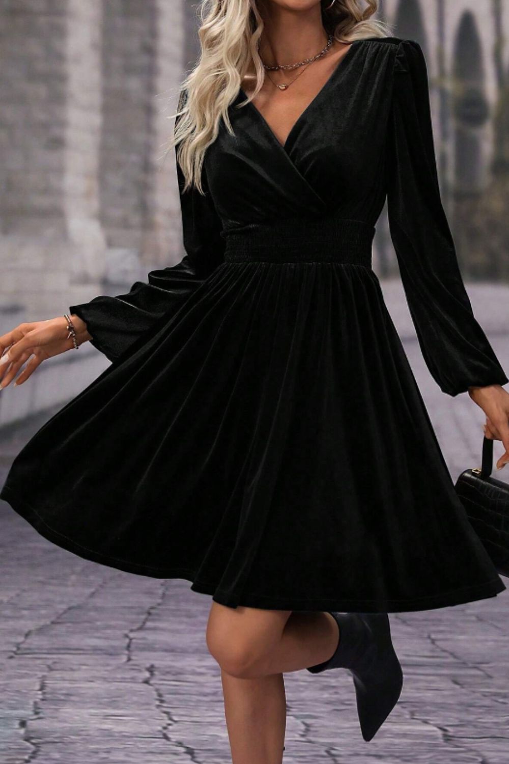 Surplice Long Sleeve Velvet Dress - Classique Collection