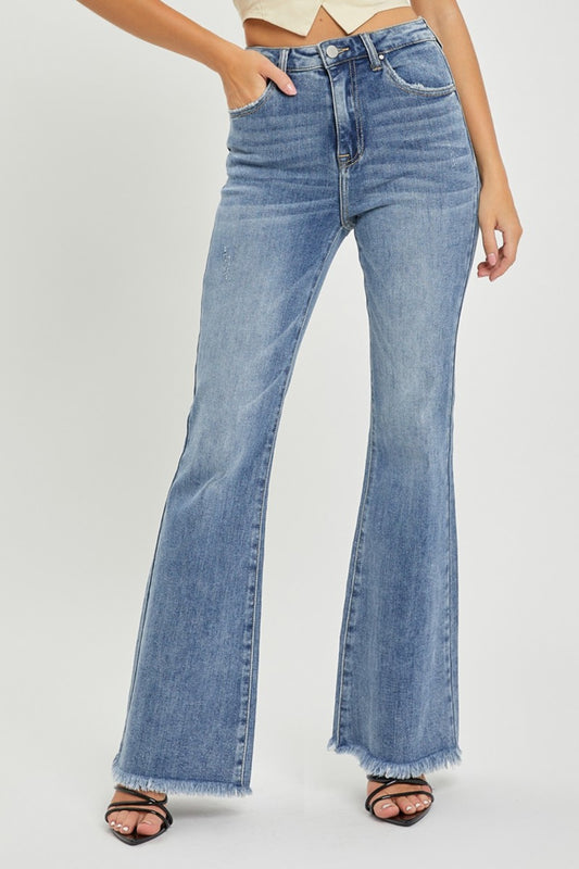 RISEN Full Size High Waist Raw Hem Flare Jeans - Classique Collection