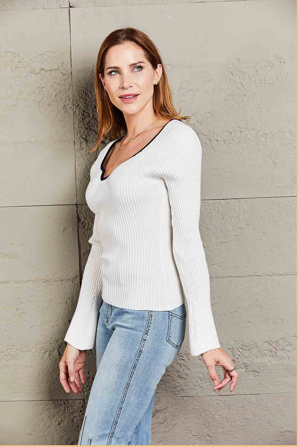 Contrast Sweetheart Neck Ribbed Top - Classique Collection