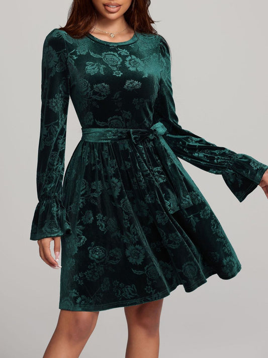 Tied Flower Print Round Neck Flounce Sleeve Dress - Classique Collection